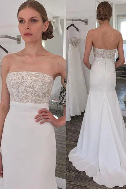 Simple Strapless Mermaid Long Wedding Dress with Sweep Train DML46