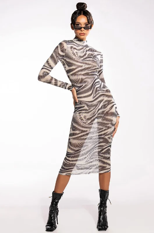 SWIRL PRINT MESH LONG SLEEVE MIDI DRESS