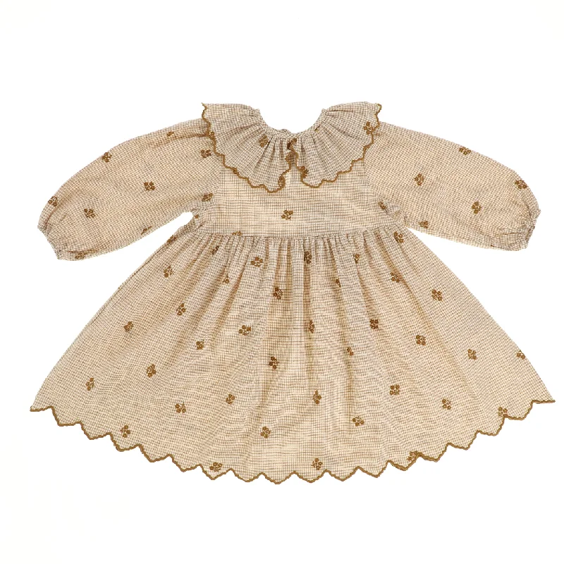 BEBE ORGANIC SAND CHECKERED FLORAL SCALLOP TRIM DRESS