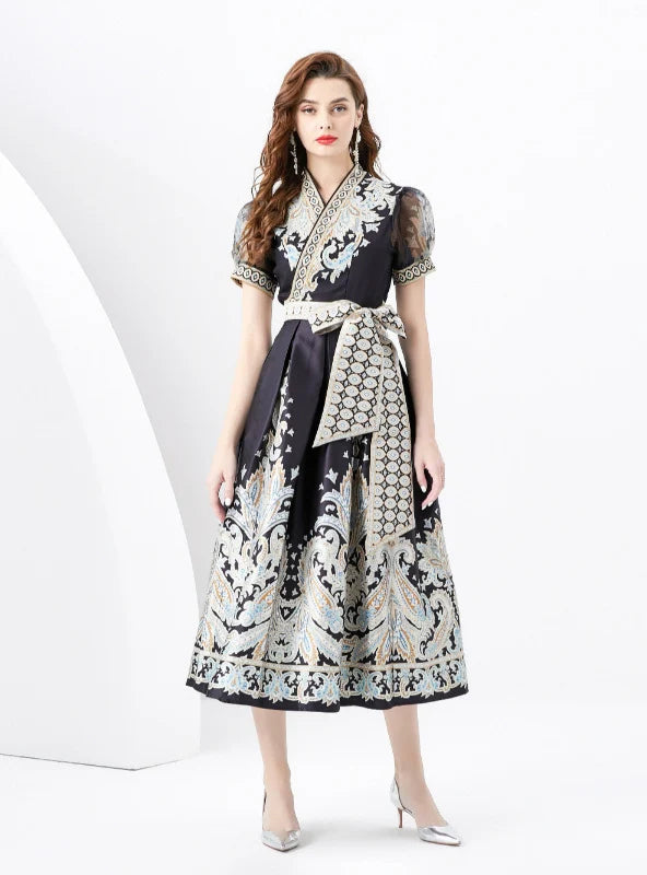 V-neck Lantern Sleeve Retro Print Dress