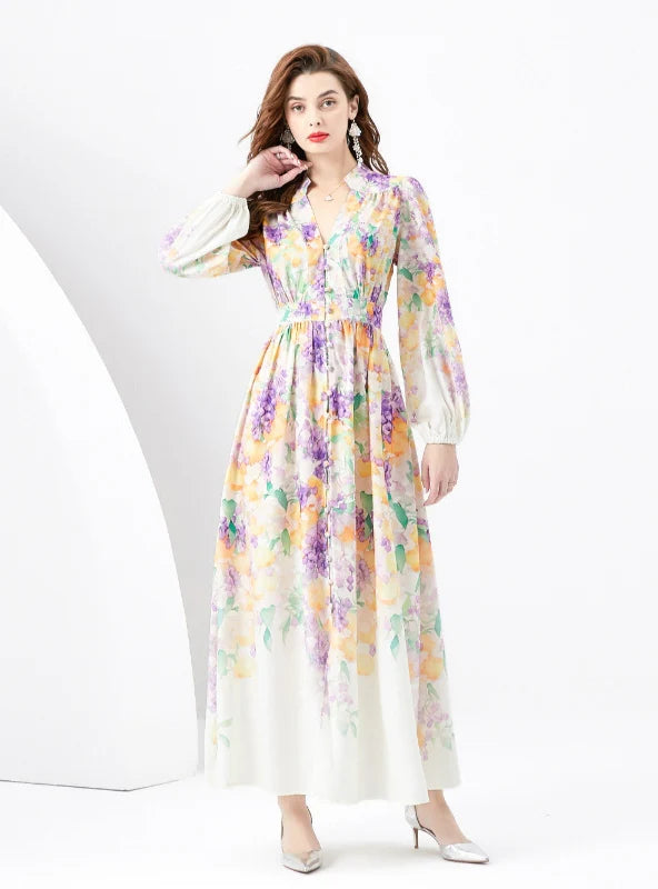 V-neck Lantern Sleeve Wavy Long Retro Print Dress