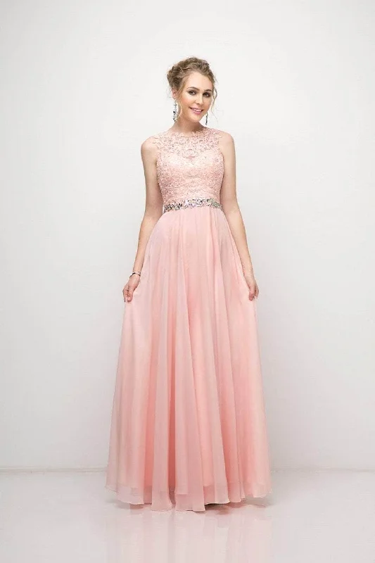 Ladivine B1601 - Adorned Belt Lace A-Line Chiffon Dress